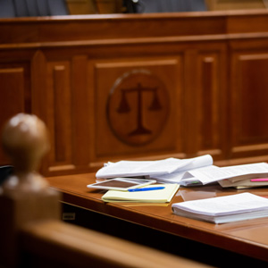 papers on a desk in a courthouse